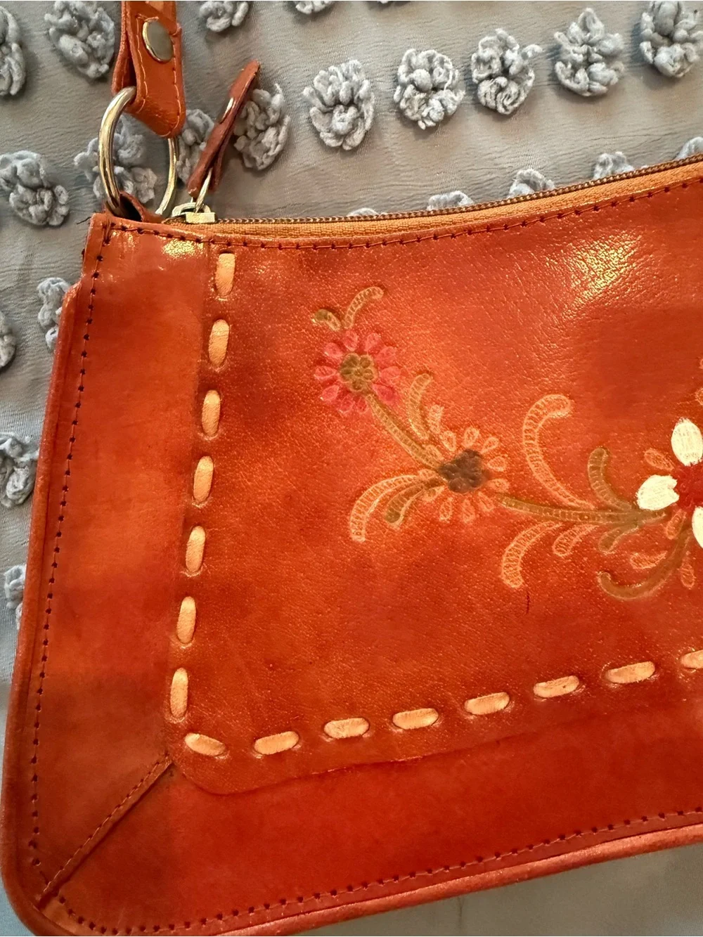 Vintage Hand-Painted Floral Leather Shoulder Bag